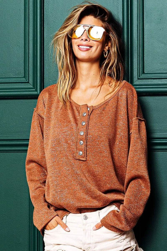 BiBi Mink Lurex Stitched Button Detail Top - Shop Style & More | Fresh Looks, Everyday Deals & Free Shipping