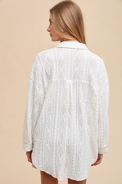 Annie Wear Openwork Button Down Drop Shoulder Shirt Blouses