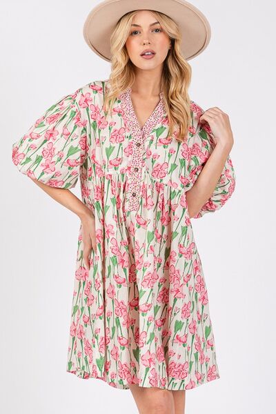 SAGE + FIG Floral Half Button Notched Puff Sleeve Dress Casual Dresses