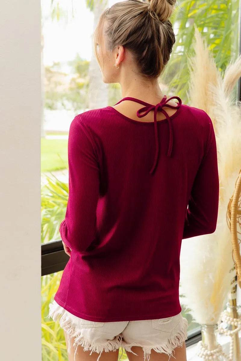 BiBi Rib Knit With Cut Out and Tied Neck Detailed Top - Shop Style & More | Fresh Looks, Everyday Deals & Free Shipping