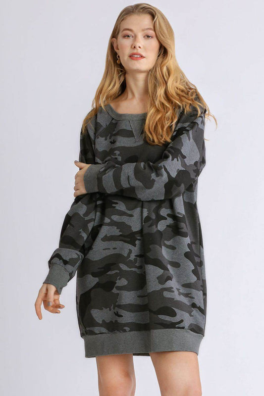 Umgee Full Size Camo Print Ribbed Hem French Terry Mini Dress Plus Size - Shop Style & More | Fresh Looks, Everyday Deals & Free Shipping