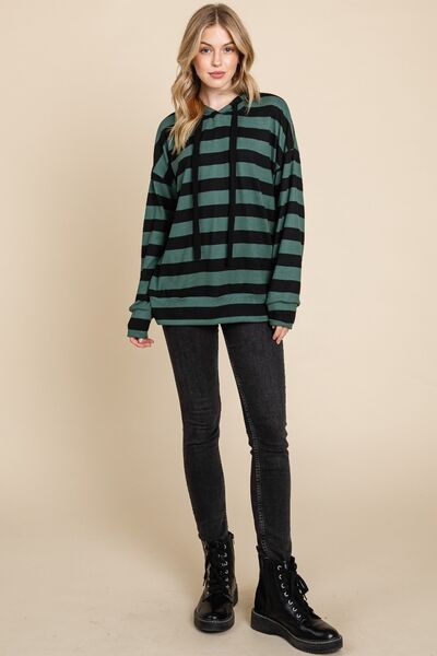 BOMBOM Drawstring Striped Dropped Shoulder Hoodie Hoodies & Sweaters