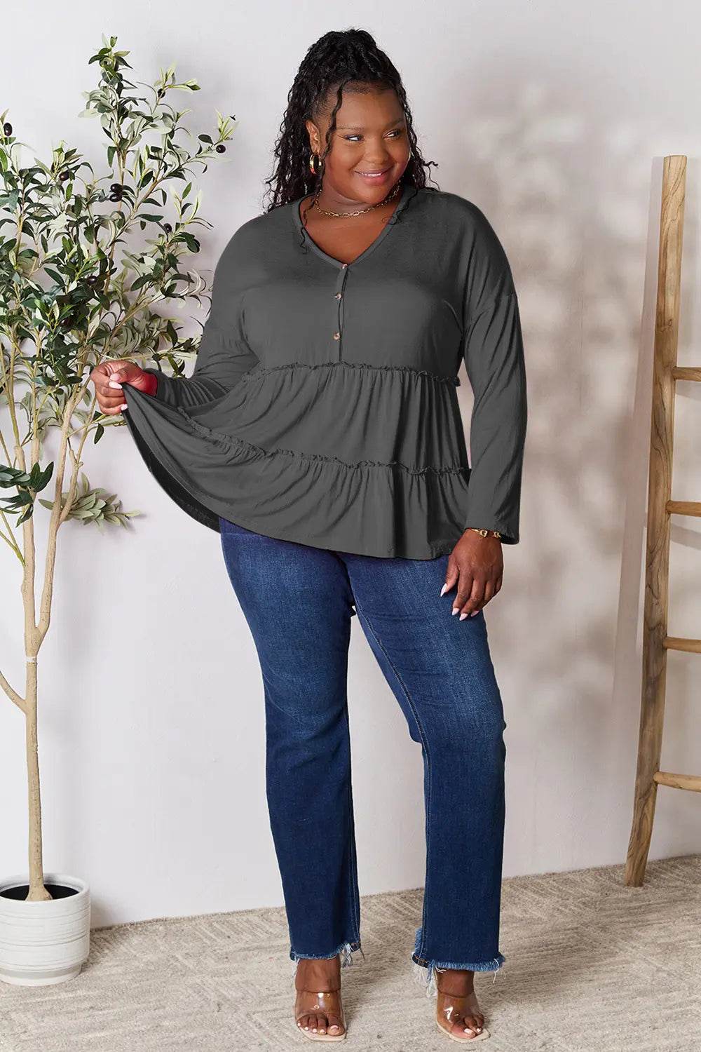 Double Take Half Button Long Sleeve Ruffle Hem Blouse - Shop Style & More | Fresh Looks, Everyday Deals & Free Shipping