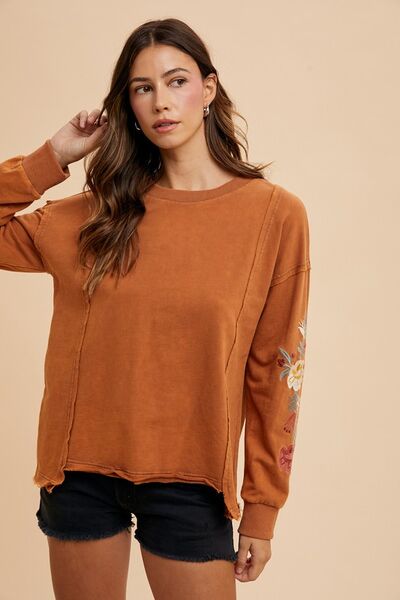 Annie Wear Embroidered Long Sleeve French Terry Top Terracotta Hoodies & Sweaters