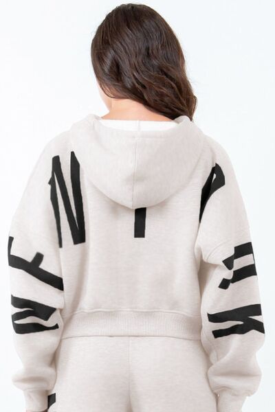 American Bazi Letter Graphic Long Sleeve Drawstring Cropped Hoodie ALMOND BLACK Hoodies & Sweaters