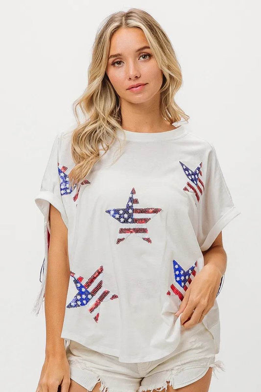 BiBi American Flag Sequin Star Fringe Top - Shop Style & More | Fresh Looks, Everyday Deals & Free Shipping