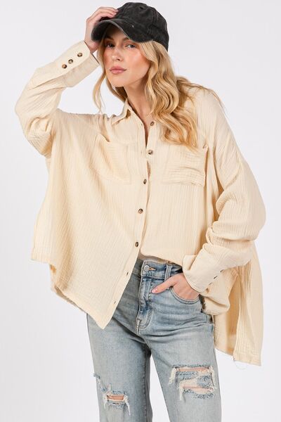 SAGE + FIG Frayed Hem Side Slit Button Down Shirt Blouses