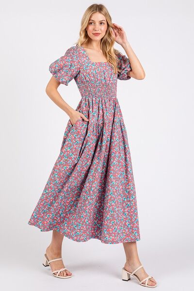 Mittoshop Smocked Floral Square Neck Puff Sleeve Midi Dress Casual Dresses