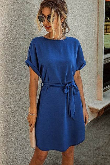 Solid Round Neck Tie Waist Belt Fit Dress - Shop Style & More | Fresh Looks, Everyday Deals & Free Shipping
