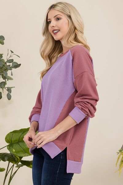 Celeste Full Size High-Low Contrast Round Neck Sweatshirt Hoodies & Sweaters