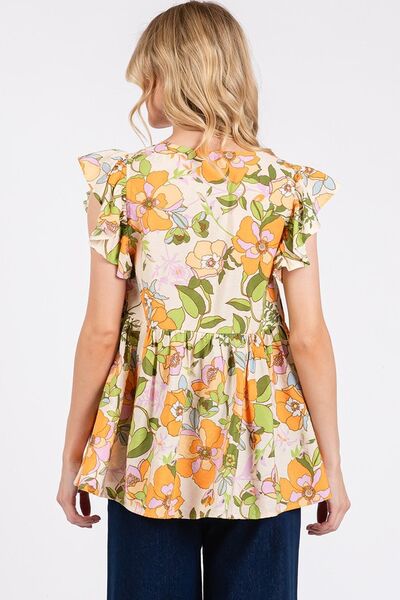 Mittoshop Floral V-Neck Ruffled Cap Sleeve Blouse Blouses