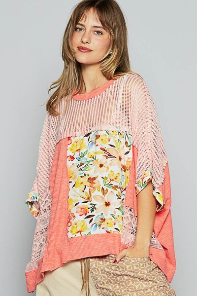 POL Hollow Out Floral Half Sleeve Knit Top Blouses