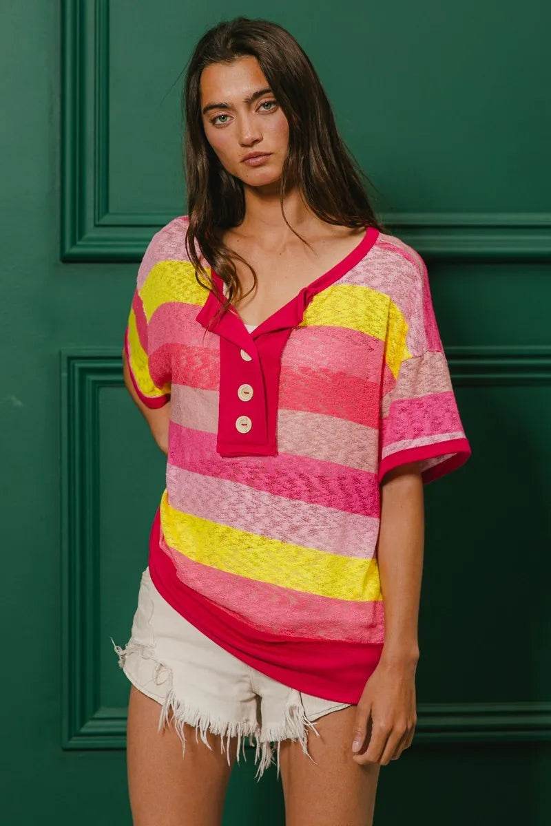 BiBi Multi Color Stripe Hacci Button Detail Ringer Top - Shop Style & More | Fresh Looks, Everyday Deals & Free Shipping
