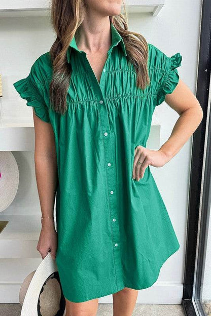 Green Shirred Ruffle Sleeve Button Up Short Dress - Shop Style & More | Fresh Looks, Everyday Deals & Free Shipping