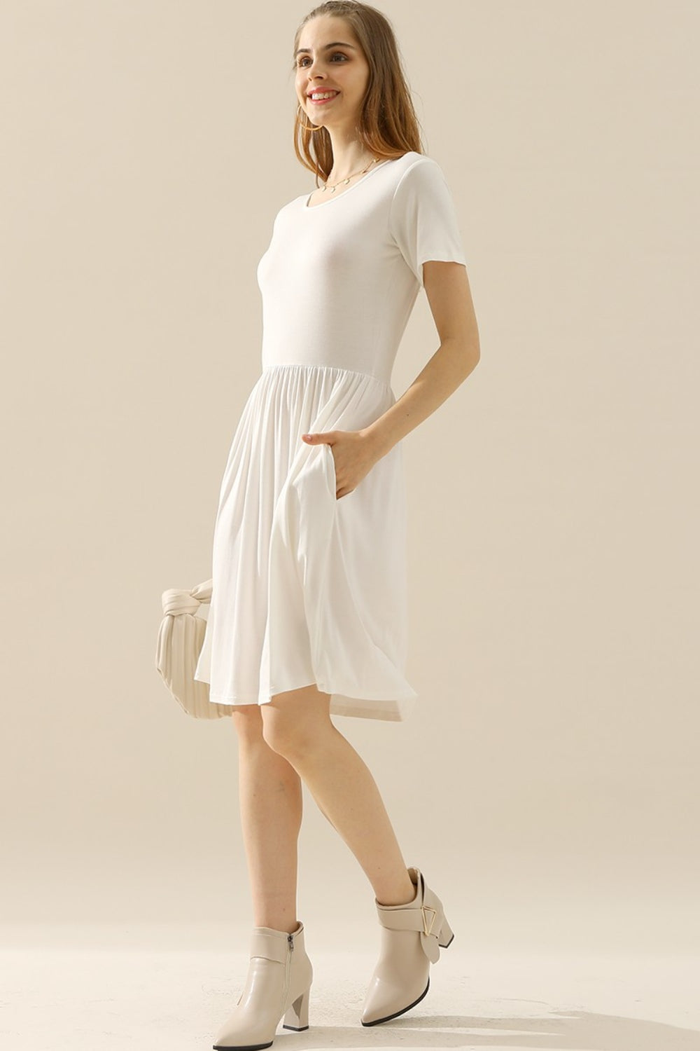 Ninexis Full Size Round Neck Ruched Dress with Pockets Cocktail Dresses