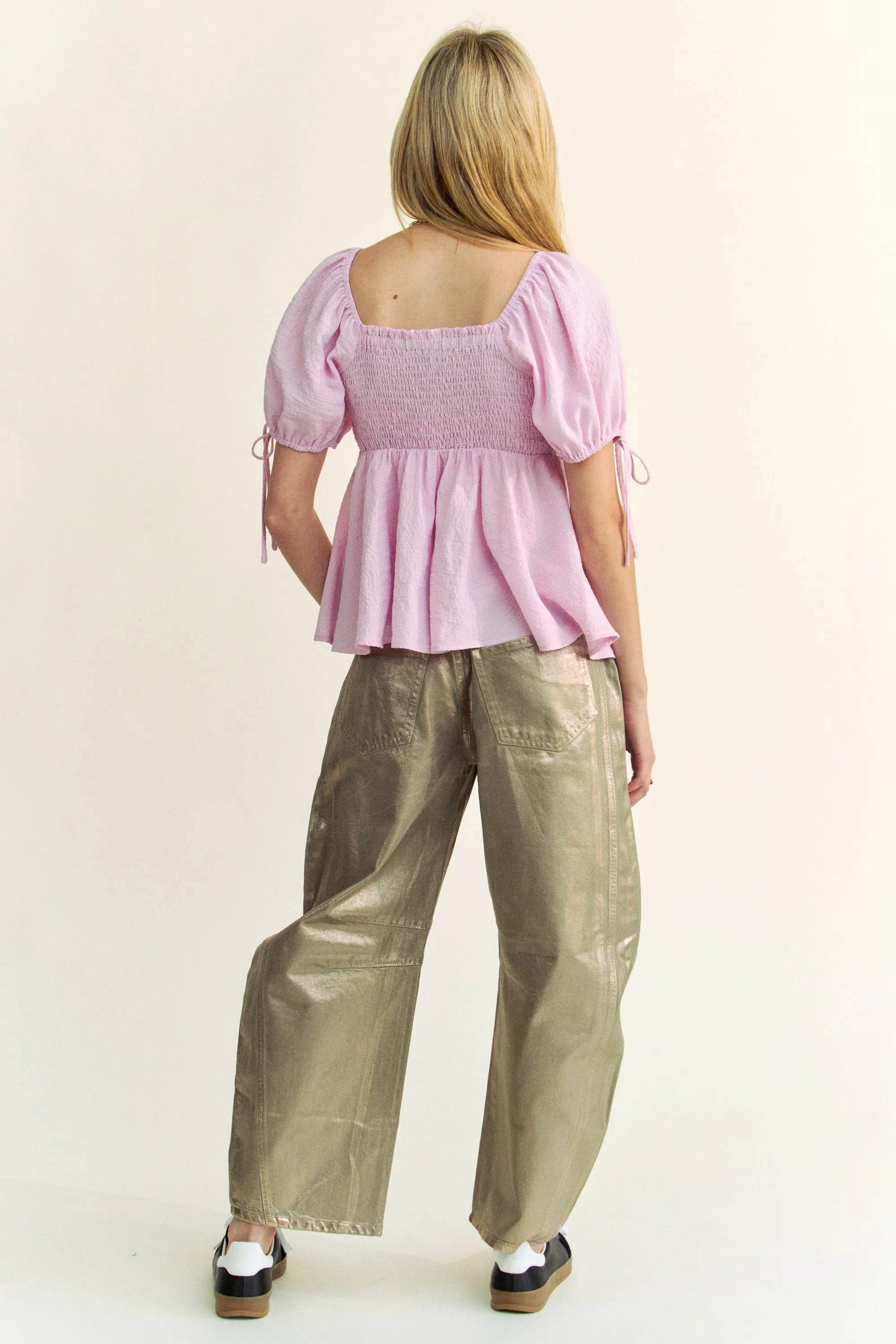 Davi & Dani Solid Elastic Peplum Puffed Sleeves Blouse - Shop Style & More | Fresh Looks, Everyday Deals & Free Shipping