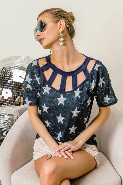 BiBi Vintage Star Print Top With Contrast Caged Neck - Shop Style & More | Fresh Looks, Everyday Deals & Free Shipping