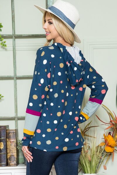 Celeste Full Size Polka Dot Drawstring Hoodie Hoodies & Sweaters