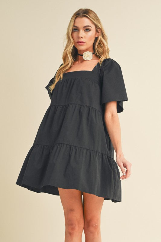 Aemi + Co Square Neck Half Sleeve Tiered Dress Black Casual Dresses