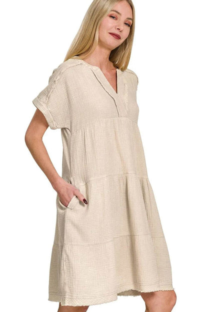 Zenana Washed Double Gauze Raw Edge V-neck Dress - Shop Style & More | Fresh Looks, Everyday Deals & Free Shipping