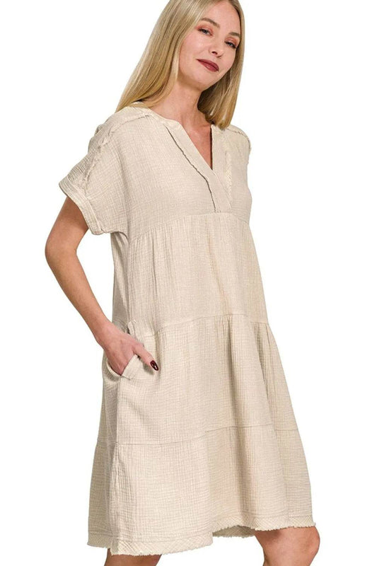 Zenana Washed Double Gauze Raw Edge V-neck Dress - Shop Style & More | Fresh Looks, Everyday Deals & Free Shipping