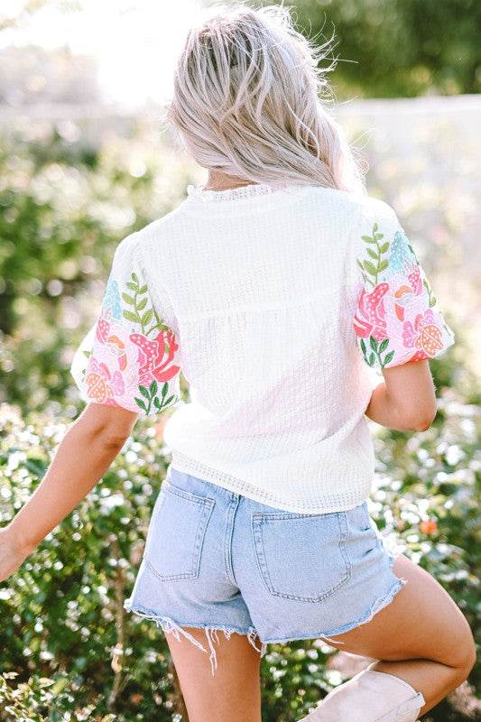 Priscilla Embroidered Puff Sleeve Notched Neck Blo - Shop Style & More | Fresh Looks, Everyday Deals & Free Shipping
