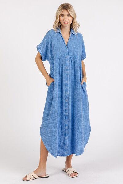 Mittoshop Mineral Wash V Neck Button Up Midi Shirt Dress Denim Casual Dresses