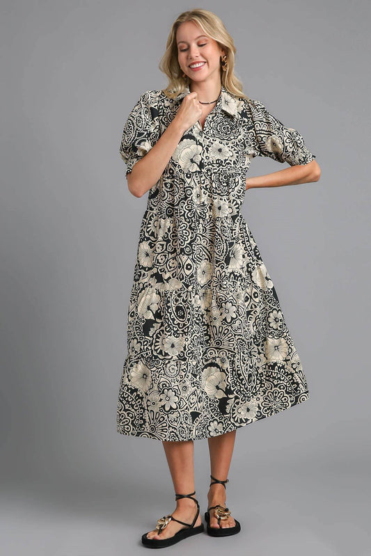 Umgee Full Size Printed Smocked Cuff Puff Sleeve Midi Dress Plus Size - Shop Style & More | Fresh Looks, Everyday Deals & Free Shipping