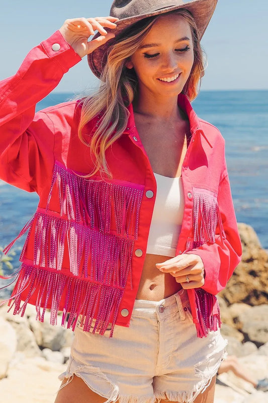 BiBi Rhinestone Fringe with Studed Collar Jacket Women's Outerwear