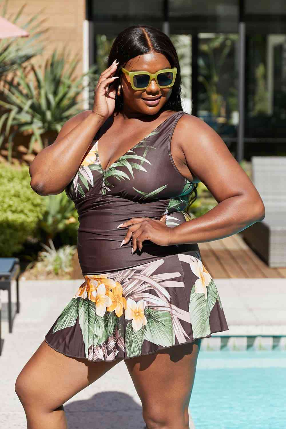 Marina West Swim Dress Aloha Brown - Full Size Clear Waters Swim Dress One-Piece Swimwear