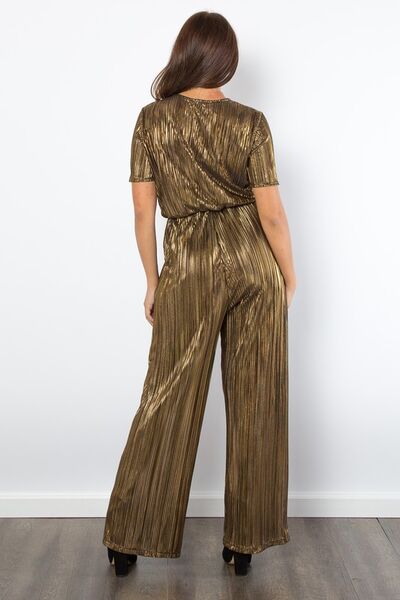 Be Stage Foil Pleated Jumpsuit with Surplice Short Sleeves Jumpsuits
