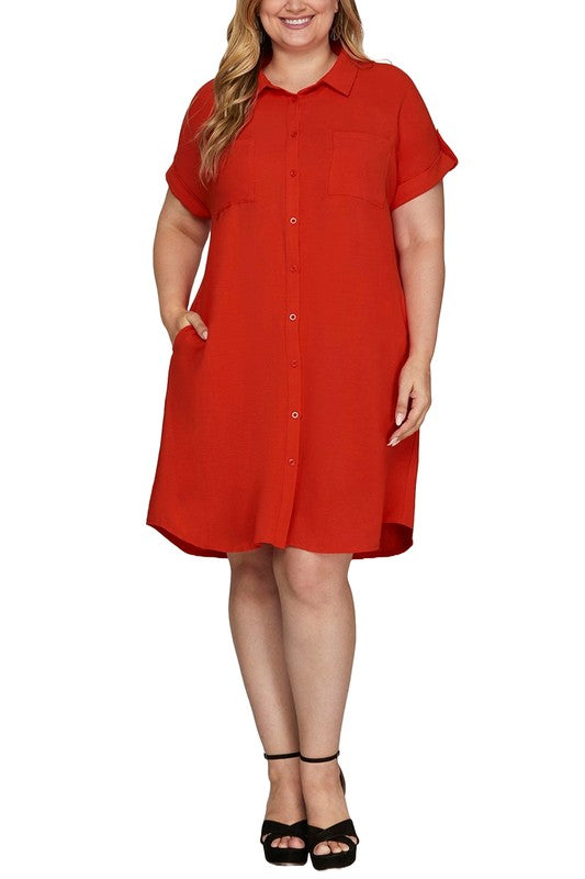 She + Sky Full Size Button Down Short Sleeve Woven Shirt Dress Plus Size Casual Dresses