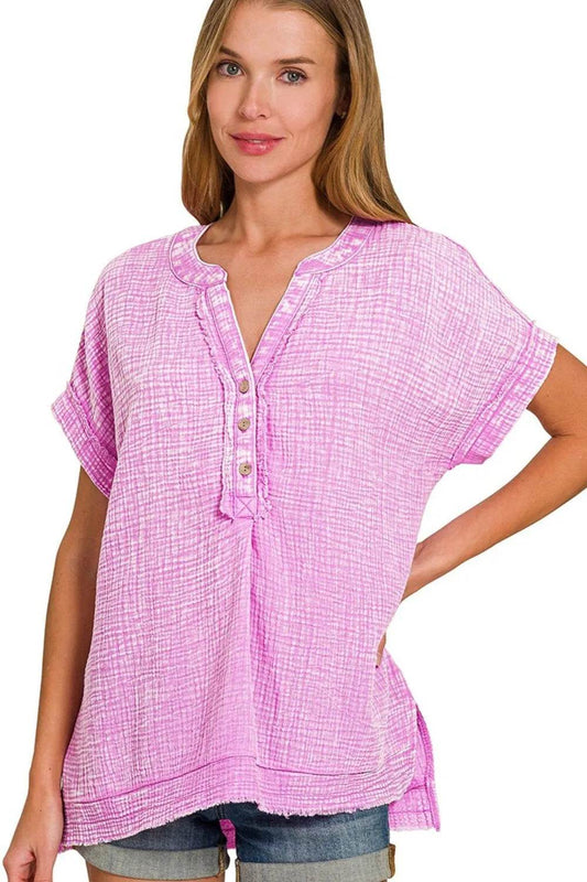 Zenana Washed Double Gauze 3/4 Button Henley Neck Shirt - Shop Style & More | Fresh Looks, Everyday Deals & Free Shipping