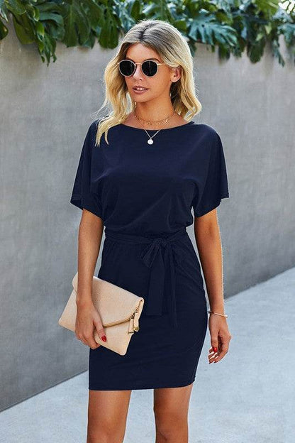 Boat Neck One-Shoulder Short Sleeves Tie Dress - Shop Style & More | Fresh Looks, Everyday Deals & Free Shipping