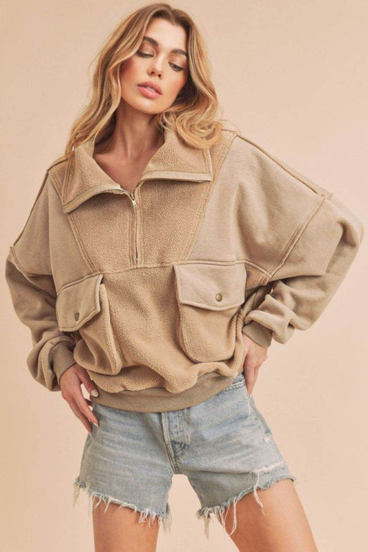 Aemi + Co Exposed Seam Half Zip Sweatshirt with Pockets - Shop Style & More | Fresh Looks, Everyday Deals & Free Shipping