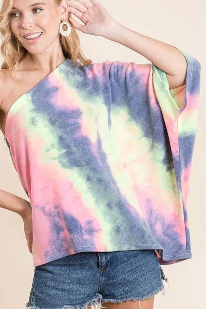 BiBi Tie Dye French Terry One Shoulder Top with Dolman - Shop Style & More | Fresh Looks, Everyday Deals & Free Shipping