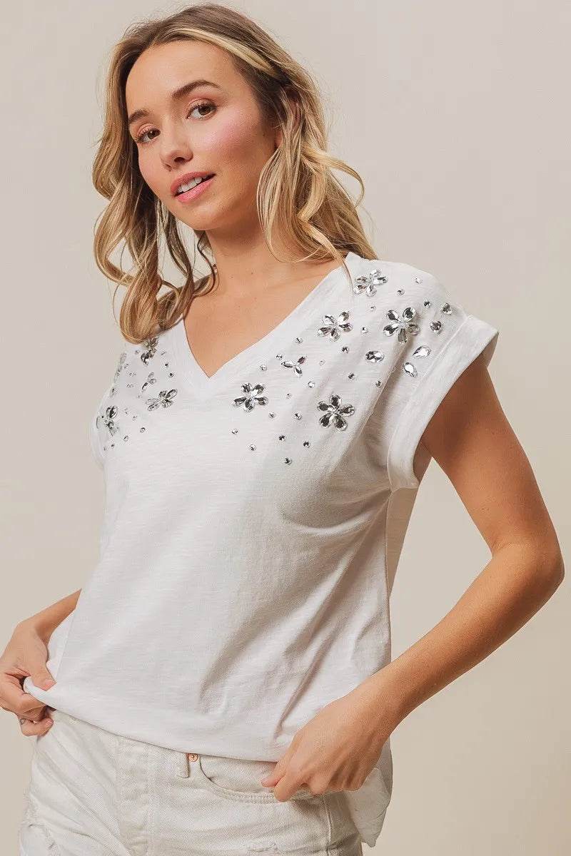 BiBi Slub Jersey Rhinestone V Neck Top - Shop Style & More | Fresh Looks, Everyday Deals & Free Shipping