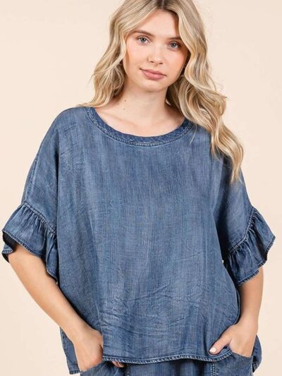 Mittoshop Washed Round Neck Flounce Sleeve Blouse Blouses