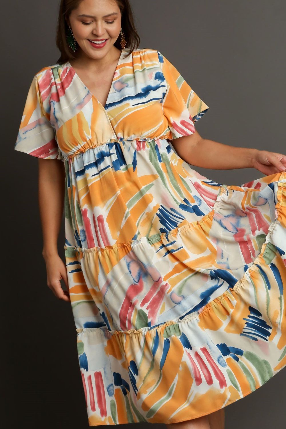 Umgee Full Size Abstract Print Flutter Sleeve Frill Tiered Midi Dress Plus Size Casual Dresses