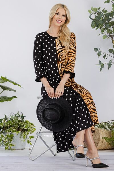 Celeste Full Size Polka Dot & Leopard Round Neck Midi Dress Plus Size Casual Dresses