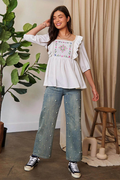 Davi & Dani Texture Tie Back Floral Embroidery Frill Blouse - Shop Style & More | Fresh Looks, Everyday Deals & Free Shipping