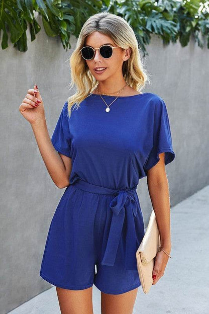 Boat Neck Short Sleeve Waist Tie Loose Romper - Shop Style & More | Fresh Looks, Everyday Deals & Free Shipping