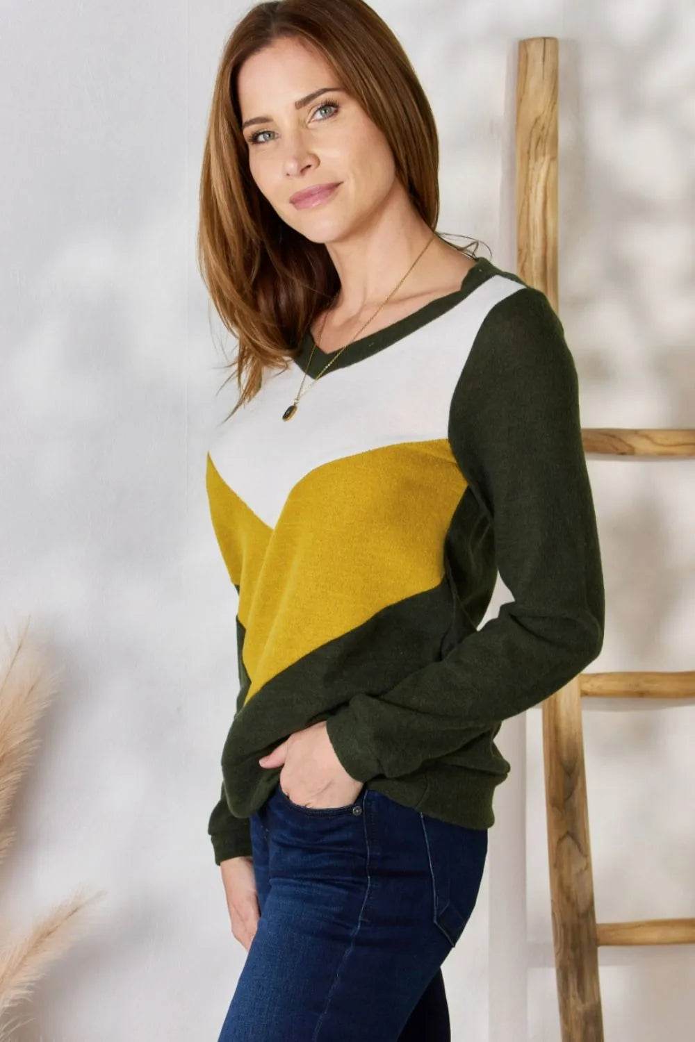 Hailey & Co Full Size Colorblock V-Neck Blouse - Shop Style & More | Fresh Looks, Everyday Deals & Free Shipping