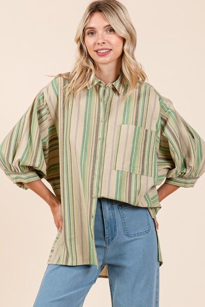 Mittoshop Striped Bubble Sleeve Button Down Shirt Blouses