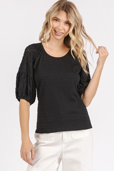 Mittoshop Mixed Media Textured Knit Popcorn Puff Sleeve Blouse Blouses