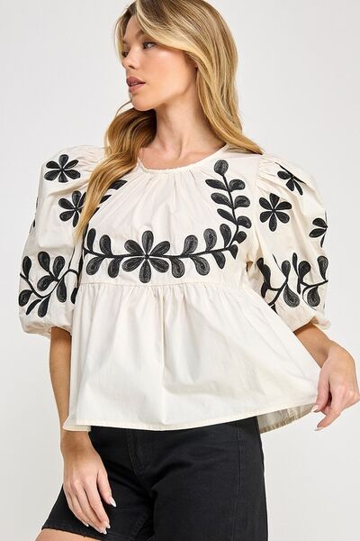 SAGE+FIG Puff-Sleeve Embroidered Peplum Blouse Blouses