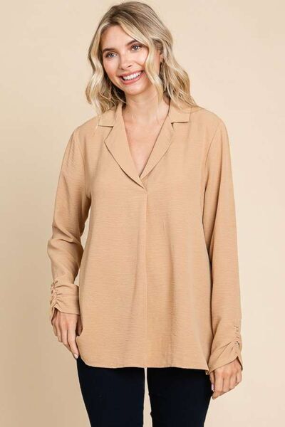 Culture Code Lapel Collar Ruched Blouse with Long Sleeves ICED Blouses