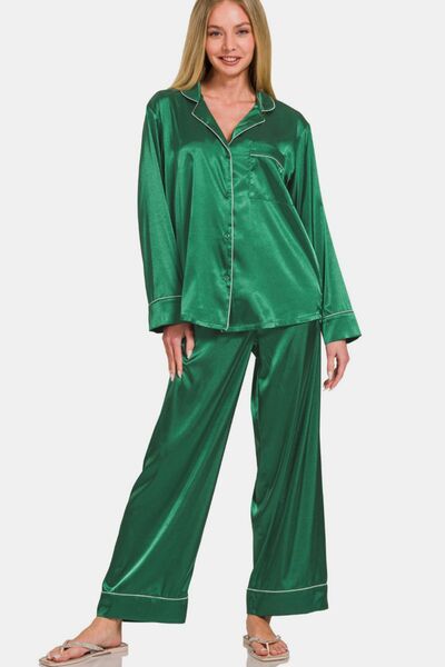 Zenana Satin Long Sleeve Shirt and Pants Pajama Set Hunter Green Lounge Set