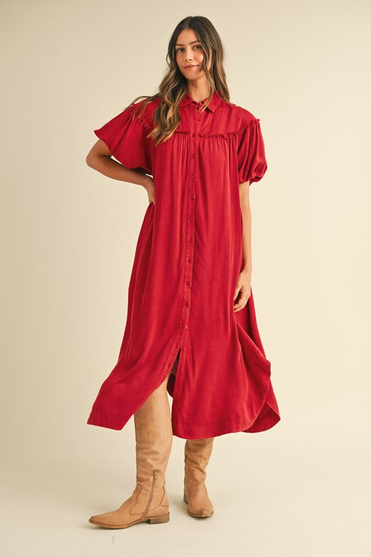 Annie Wear Mineral Washed Button Down Puff Sleeve Shirt Dress Deep Red Casual Dresses