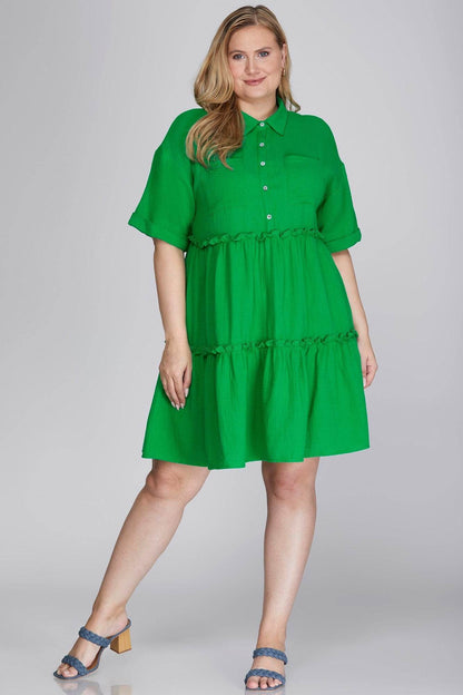 She + Sky Full Size Button Front Frill Tiered Mini Dress Plus Size - Shop Style & More | Fresh Looks, Everyday Deals & Free Shipping